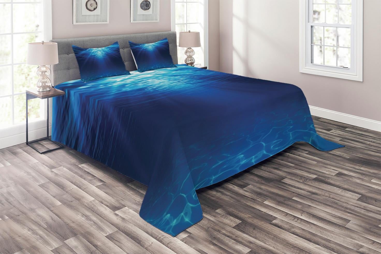 Ocean Coverlet Set Queen Size, Underwater View with Sandy Seabed