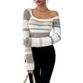 thumbnail image 2 of Women'S Pullover Striped Knit Square Neck Sweater Color Block Long Sleeve Cute Trendy Fuzzy Sweaters Brown XS, 2 of 10
