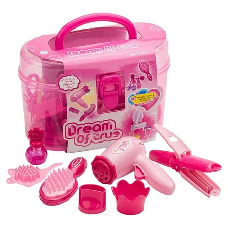 QiShi Kids Beauty Salon Set Toys Little Girl Makeup Kit Pretend Play Hair Station with Case, Hairdryer, Brush, Mirror & Styling(17pcs)