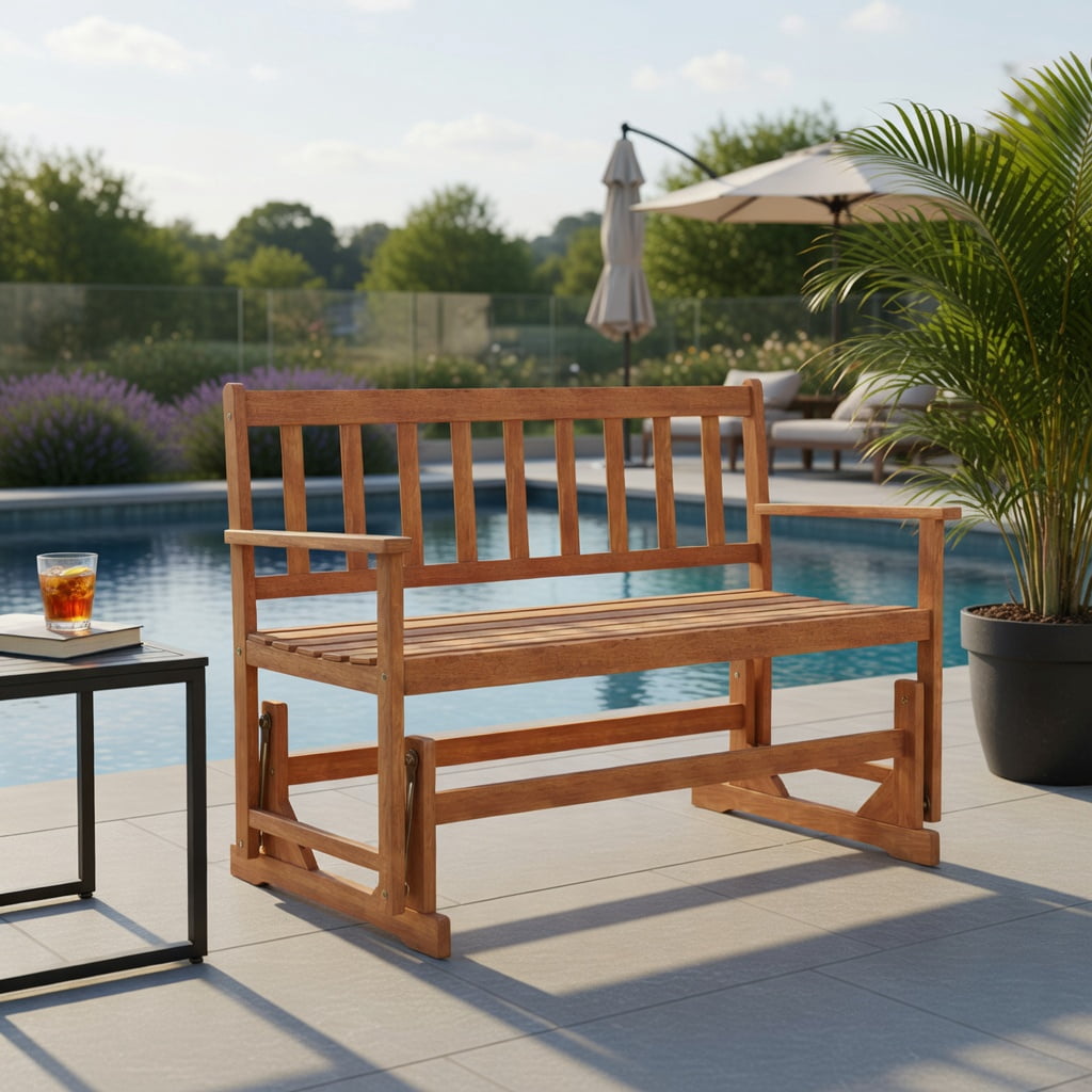 Hommoo 2-Person Acacia Wood Glider Bench Swing Loveseat, Outdoor Rocking Patio Bench with Smooth Glide, Ergonomic 105° Back Angle, Natural