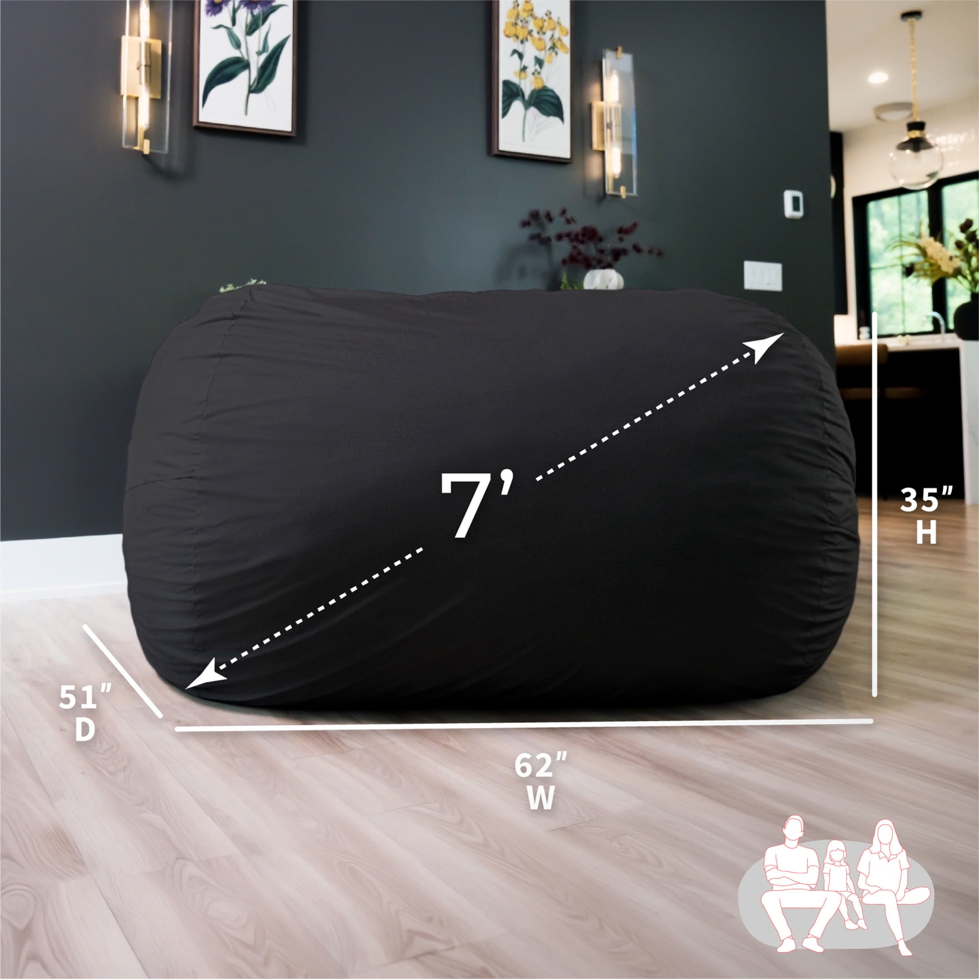 Big Joe Fuf 7Ft Giant Foam Bean Bag Chair, Oversized Couch with Removable Cover for Kids, Teens, Adults, Onyx Lenox, Durable Woven Polyester, 7 Foot