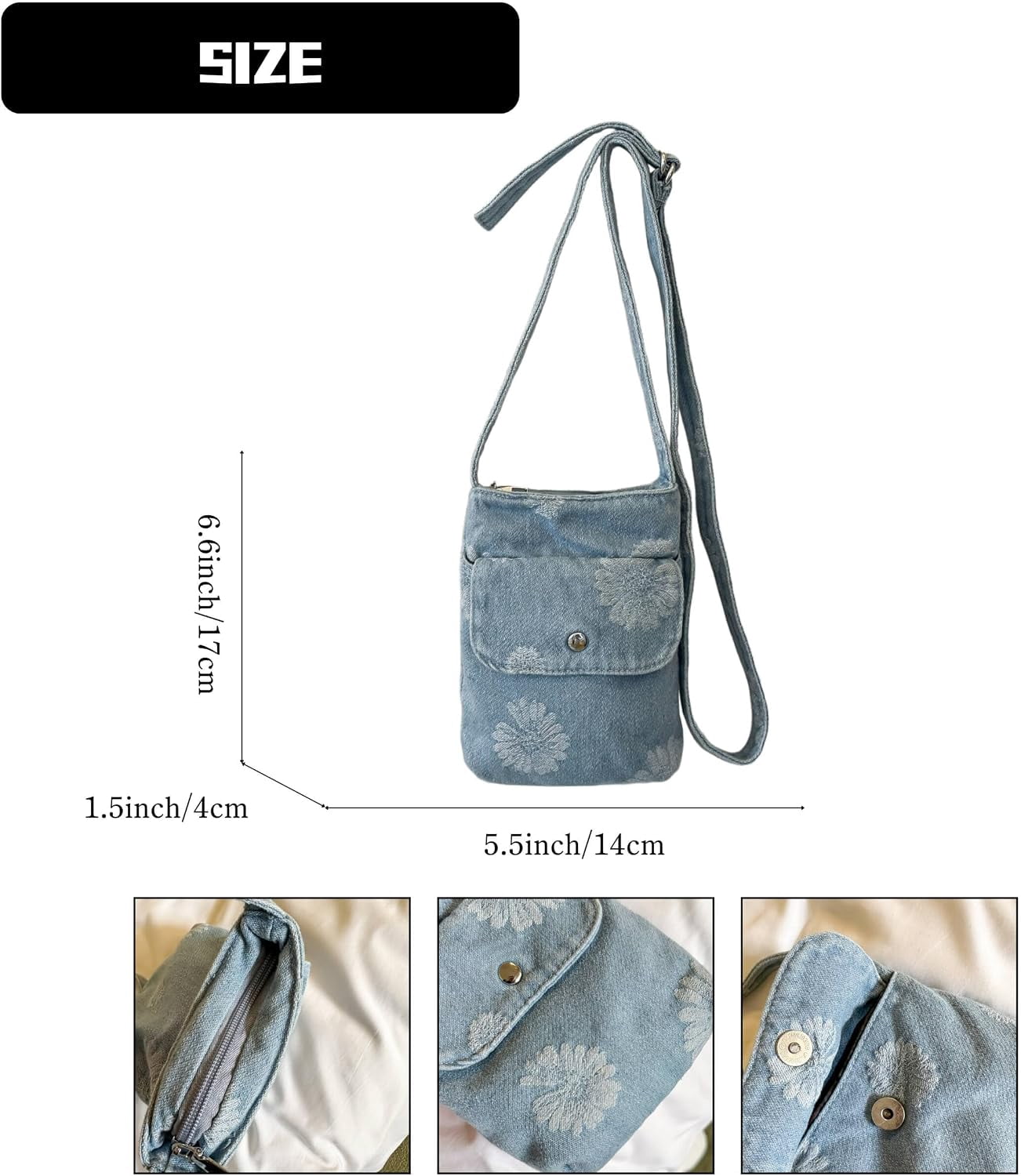 Sunyuer Women Vintage Denim Mini Crossbody Bag, Cute Daisy Floral Embroidery Cell Phone Purse, Lightweight Casual Shoulder Handbag with Adjustable Strap for Daily Travel Shopping