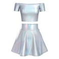 thumbnail image 3 of Women's 3Piece Metallic Outfit Shiny Crop Top + Silver Flared Skirt + Alien Headband Halloween Costume Clubwear Musical Festival Rave Outfit L Holographic Silver - Off Shoulder, 3 of 8
