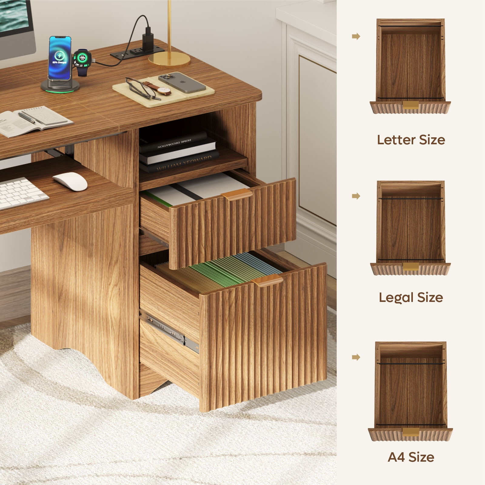 Bestier 55" Computer Writing PC Desk Home Office with Power Outlets Keyboard Tray and Storage Drawers, Brown