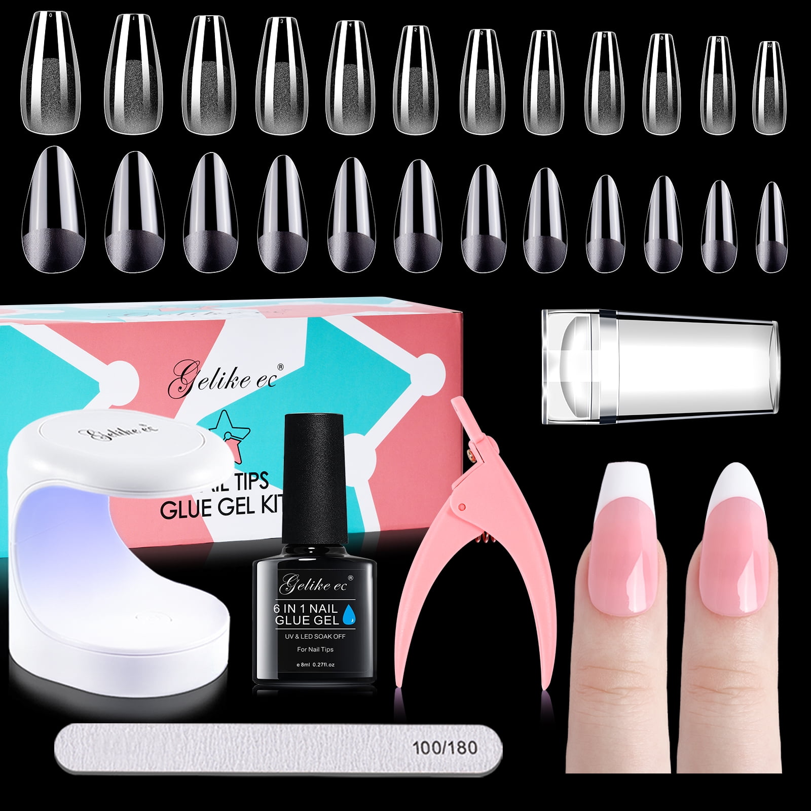 Gelike EC Soft Gel Nail Tip and Glue Gel Kit, Almond and Coffin Shape French Tip Nail Stamp