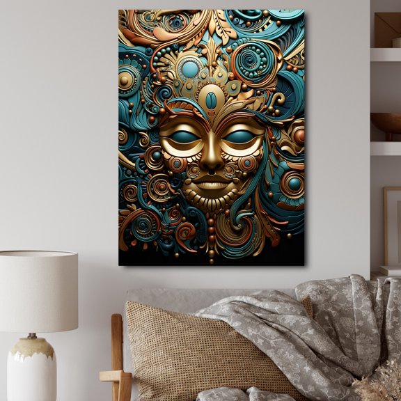 Designart "Gold Blue Mexico Vibrant Aztec Mask II" Mexico Canvas Art Print