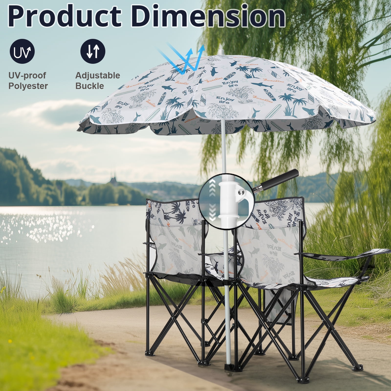 Ktaxon Camping Loveseat Chair, Folding Double Outdoor Chair with Removable Sun Umbrella & Carrying Bag, Double Chairs with Cooler Bag for Lawn Fishing Outdoor, Coconut Tree