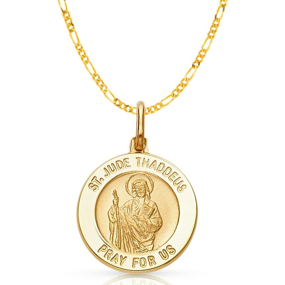 14K Yellow Gold St. Jude Thaddeus Pray For Us Charm Pendant with 1.9mm Figaro 3 1 Chain Necklace - 24"
