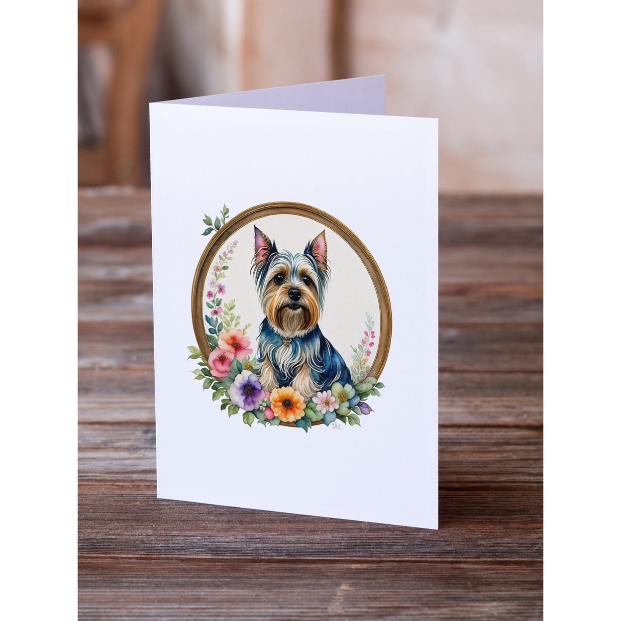 Silky Terrier and Flowers Greeting Cards and Envelopes Pack of 8 7 in x 5 in