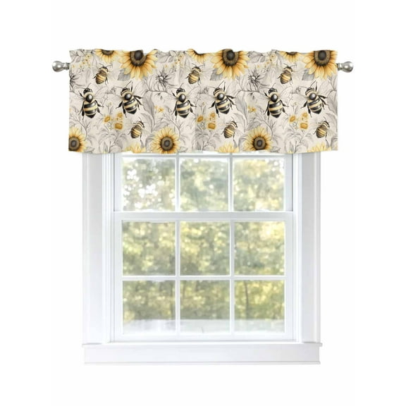 Rustic Sunflower Valances for Windows, Rod Pocket Kitchen Valance Curtains - Soft & Washable Small Window Treatment for Living Room, Bathroom, Flying Bee , 42x12 Inch, 1 Panel