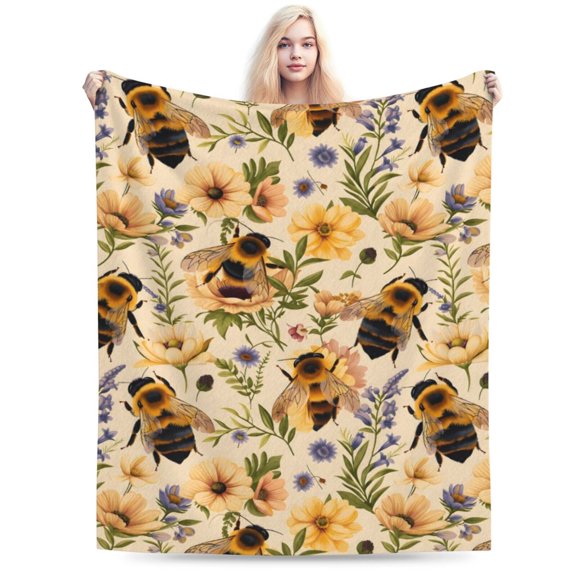 Bumblebee and Floral Blanket Bee and Wildflower Yellow Throw Blankets Gifts for Adults Lightweight Soft Fleece Cozy for Sofa Couch Bed Room Travel Birthday Decor 50x40