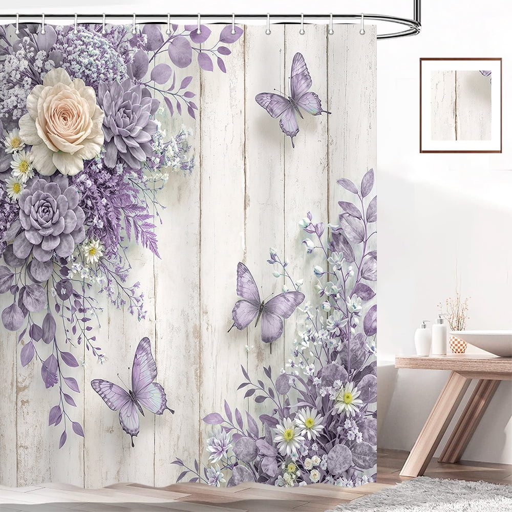 Purple Floral Shower Curtain - Farmhouse Rustic Rose Butterfly Bathroom Curtain Boho Botanical Waterproof Fabric Set with 12 Hooks,72X72in