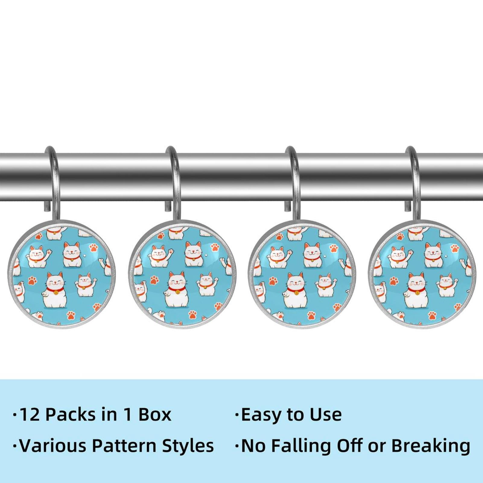 12pcs Decorative Shower Curtain Hooks, Rust Resistant Shower Rings for Bathroom Living Room,Rustproof Stainless Steel Rings for Shower Curtain and Liner Rods,Cartoon Lucky Cat Pattern