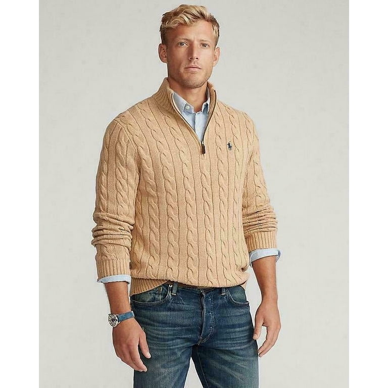 Polo Ralph Lauren Men's Cable-Knit Cotton 1/4-Zip Sweater in Camel  Melange-2XL