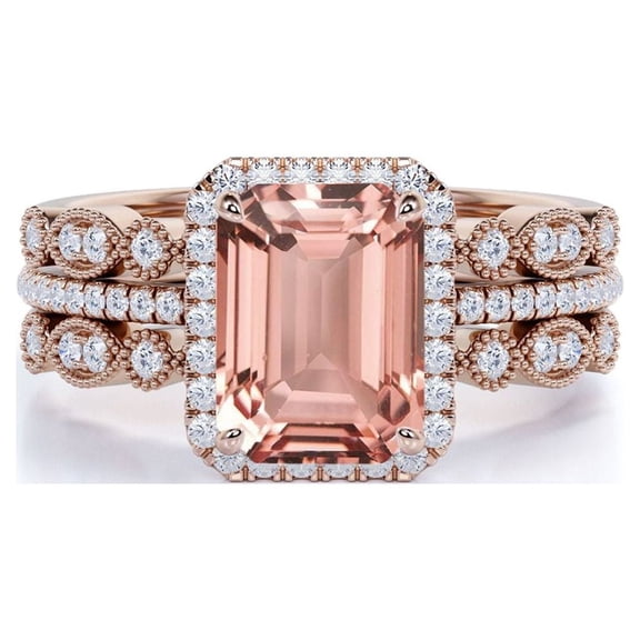 JeenMata 2.25 Carat Emerald Cut created morganite and Moissanite Halo Antique Trio Wedding Ring Set On 18K Rose Gold Over Silver
