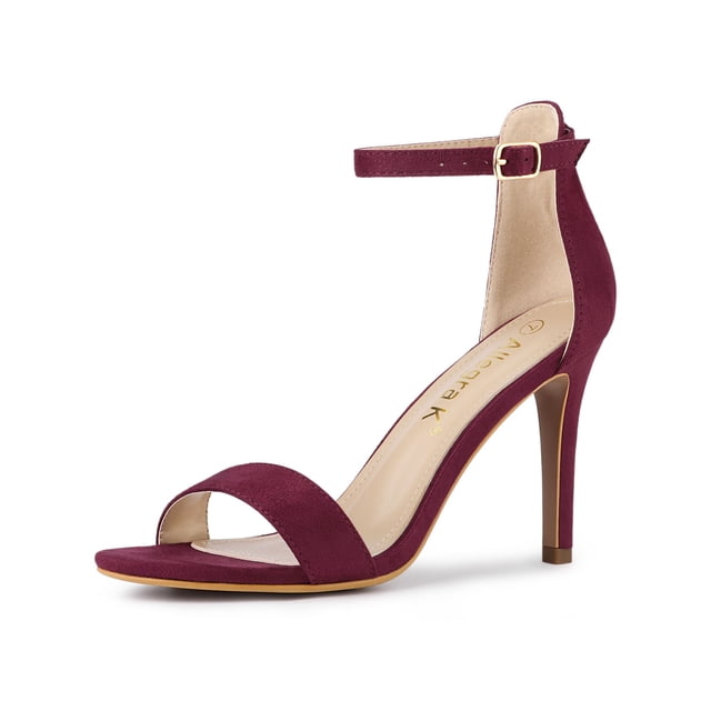 BLISSFUL STEP Sandales à talons aiguilles en suède à lanières de couleur unie pour femmes, bordeaux, 7,5
