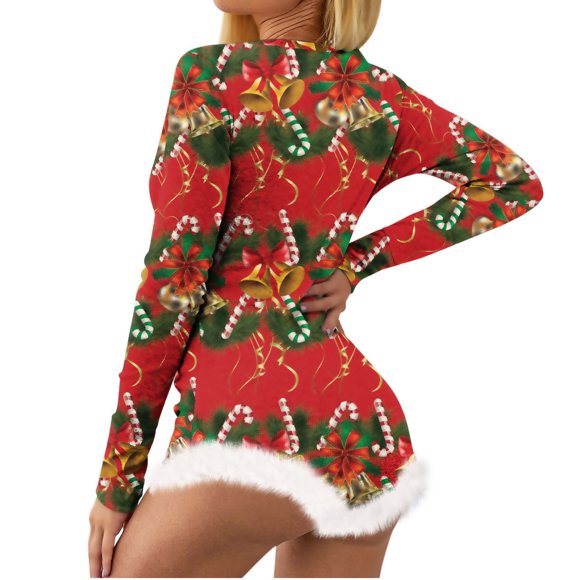 Women’s Christmas Not Positioned Print V-neck Feather Detail Long Sleeve Sexy Bodysuit Sexy Lingerie Pajamas