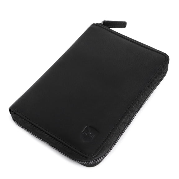 ALLEN & MATE RFID Blocking 100% Leather Passport Holder for Women & Men - Travel Document Organizer with Credit Card & SIM Slot, Slim Genuine Leather Wallet for Travel Essentials, Black