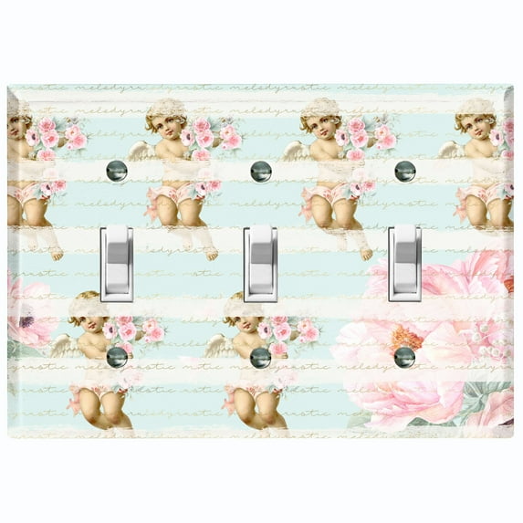 Metal Light Switch Plate Outlet Cover Romantic Valentine Floral Cupid Striped Blue AGL002
