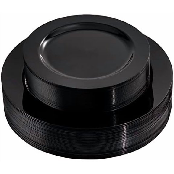60PCS Black Plastic Plates - Heavy Duty Black Disposable Plates for 30 guests Halloween Party/Wedding/New Year - Include 30PCS 10.25inch Dinner Plates and 30PCS 7.5inch Dessert Plates