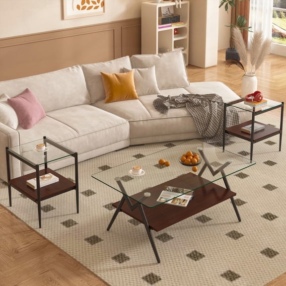 Coffee Table & End Tables Trio - Tempered Glass & MDF, 19.1"L x 15.35"W x 21.14"H, 110lbs Load, Modern Living Room Decor