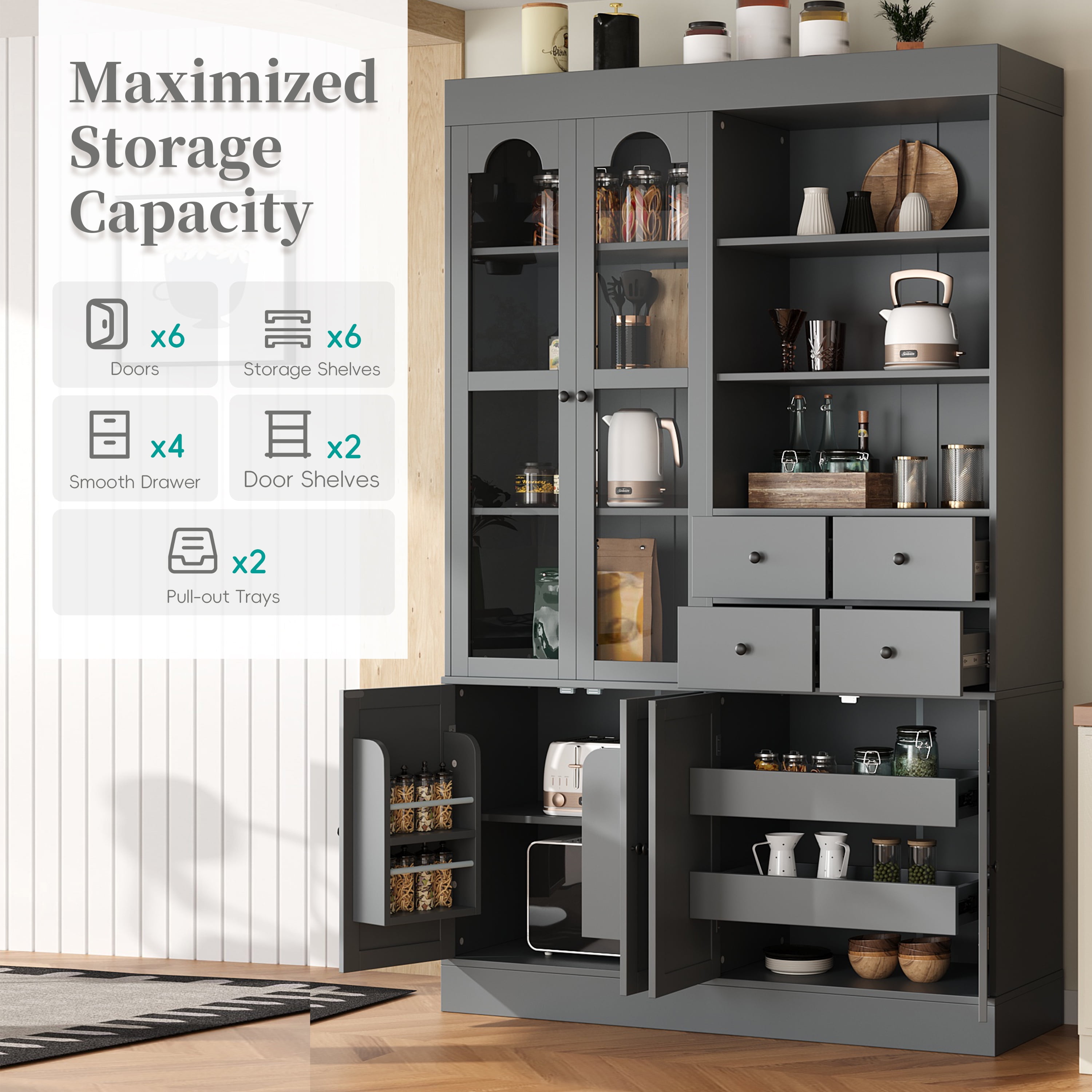 Euroco 47.2x15.7x75inch Freestanding Buffet with Hutch, Tall Kitchen Pantry Cabinet with 4 Drawers, Door Shelves and Pull-out Trays for Dining room, Living Room, Gray