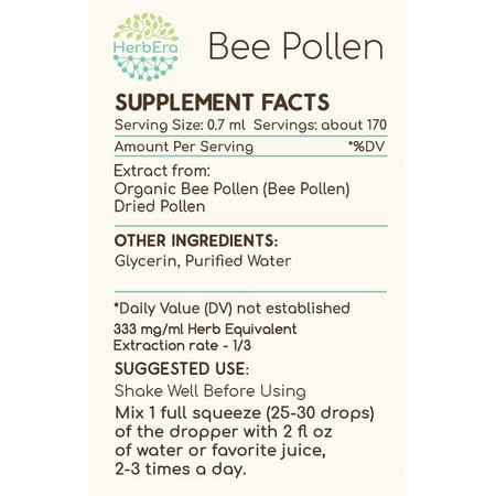 Bee Pollen Alcohol-FREE Herbal Extract Tincture, Super-Concentrated Organic Bee Pollen (Bee Pollen) 4 oz