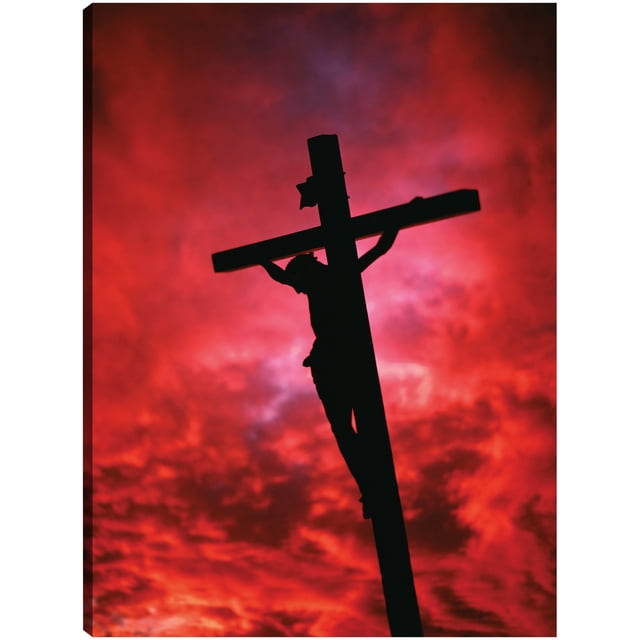 Cuadro Decorativo - Cruz de Jesús del cielo rojo Jr Impresión en canvas, estrechado.