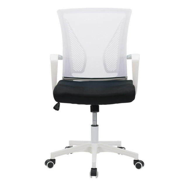 CorLiving Cooper ergonomic office chair with adjustable height, white mesh back for breathability, black cushioned seat, armrests, and five caster wheels for mobility.