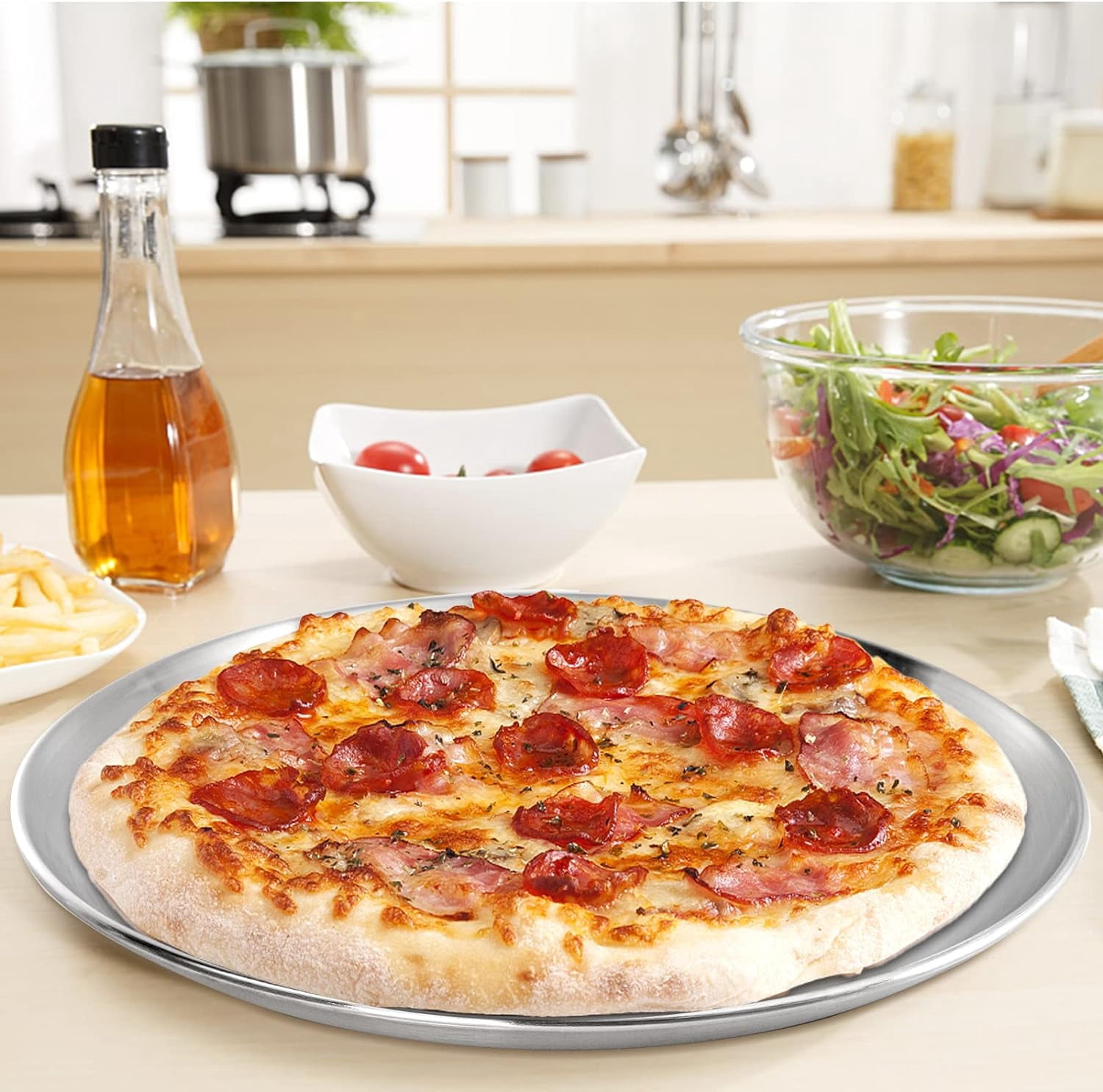 4 Pack Stainless Steel Pizza Pan, 13-1/2 Inch Tray Oven Crisper, Round Sheet Baking Pan Food Serving Plate for Pie, Cookie, Dishwasher Safe