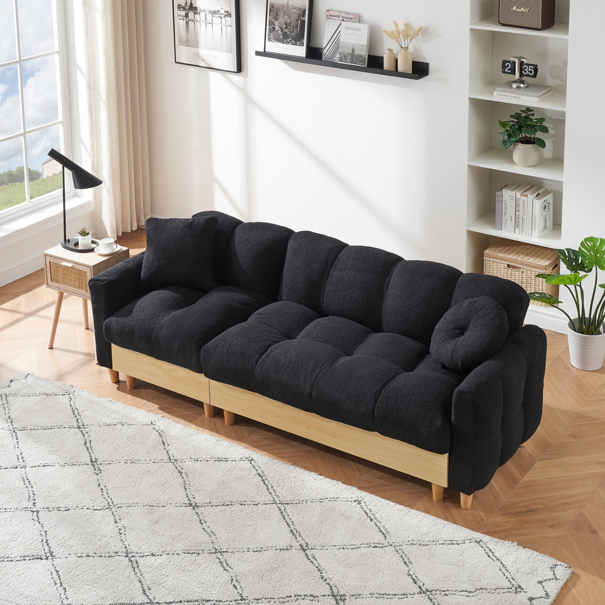 Overstuffed Sofa Couch,3 Seater Teddy Fleece Upholstered Convertible Sofa Couches with Drawer and Storage Seatbase,Adjustable Backrests and Pillows, Comfy Couch for Living Room,Black