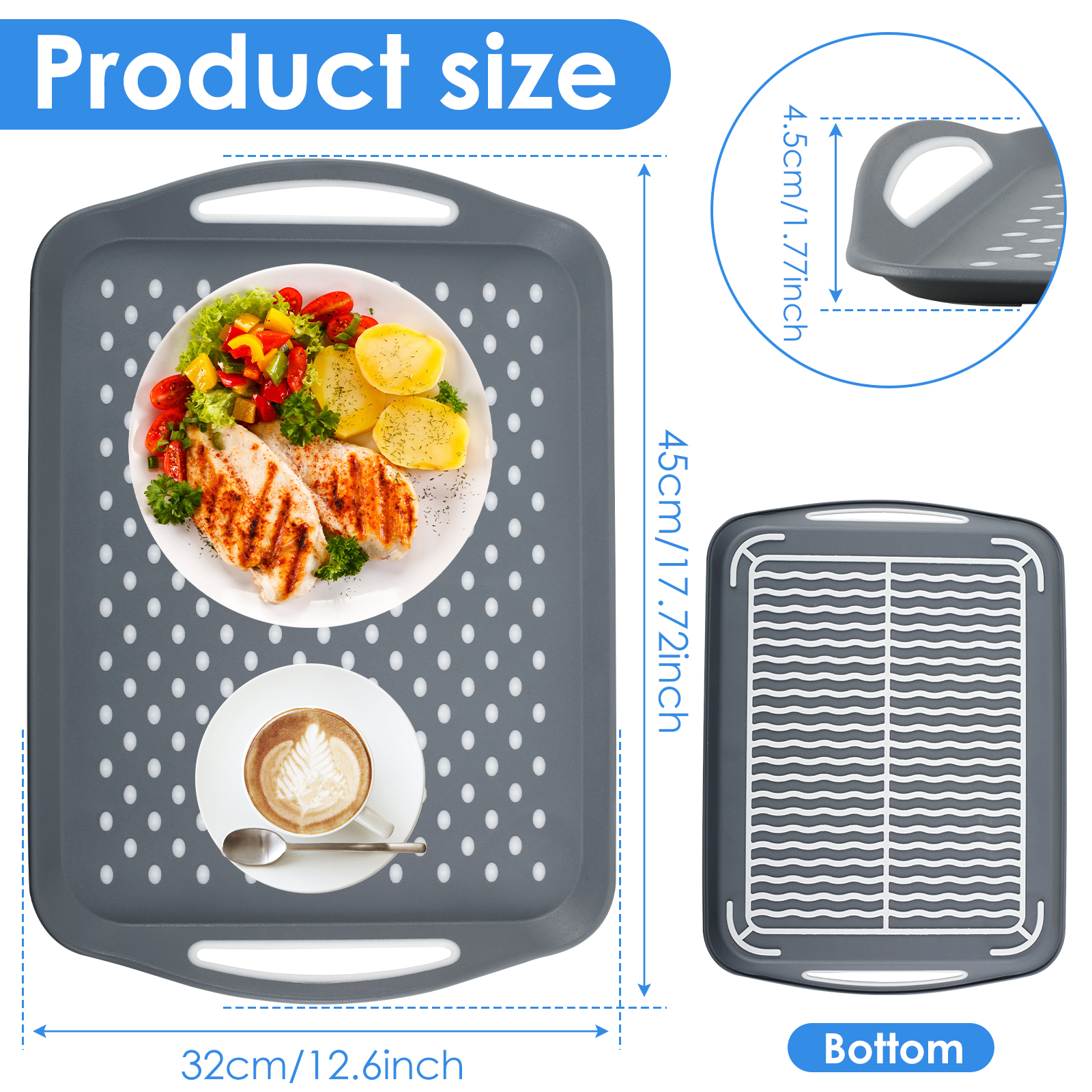 Large Nonslip Serving Tray with Handles, Silicone Grippy Dots Food Trays for Eating, Dishwasher Safe Lap Trays for Breakfast Dinner Snack Fruit