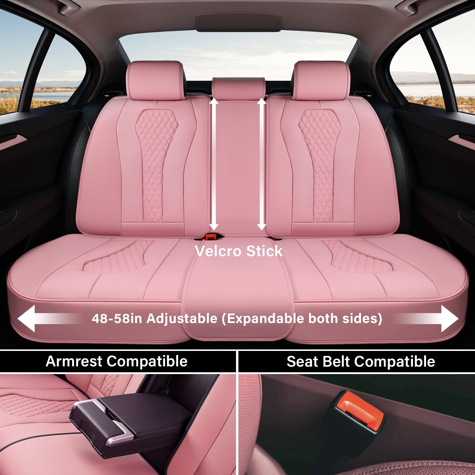 Coverado Car Seat Covers Full Set, Pink Front and Back Automotive Seat Protectors, Universal Leather Auto Cushions Fit for Most Cars, SUVs and Trucks