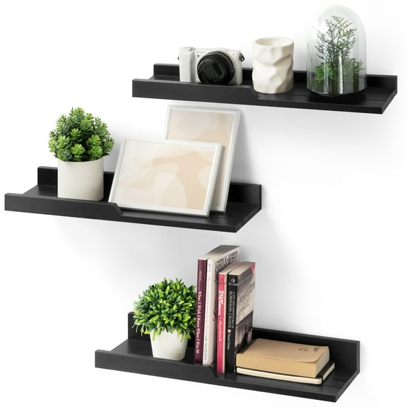 Rebee Vision Modern Floating Shelves Set of 3 : Farmhouse Wall Mounted Bedroom Decor Aesthetic for Multifunctional Storage and Rustic Small Shelf for Apartment Essentials (Stylish Black)