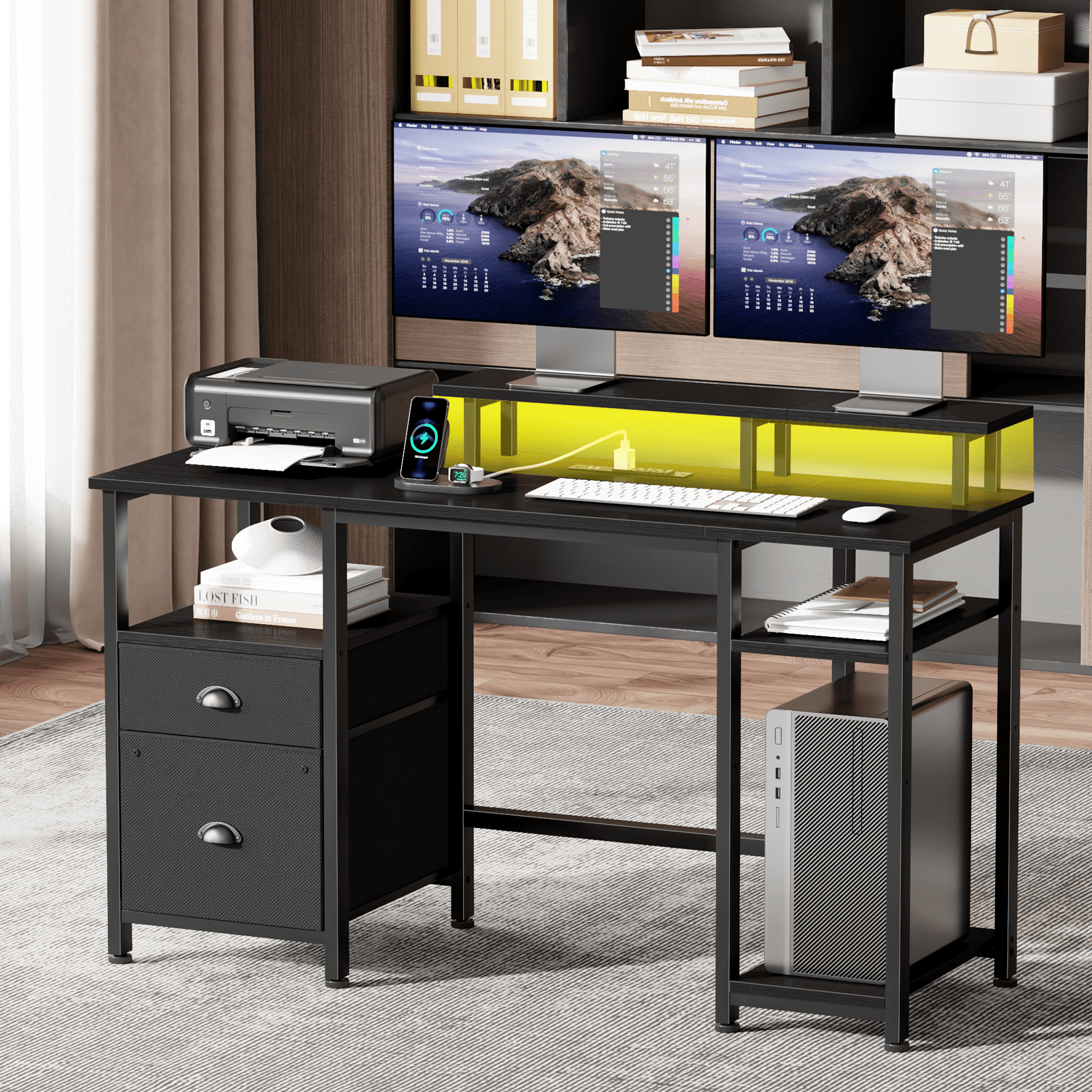 Satifur 51" Reversible 2-Tier Computer Desk with Power Outlet, LED Lights, File Cabinet & Storage Shelves,Black