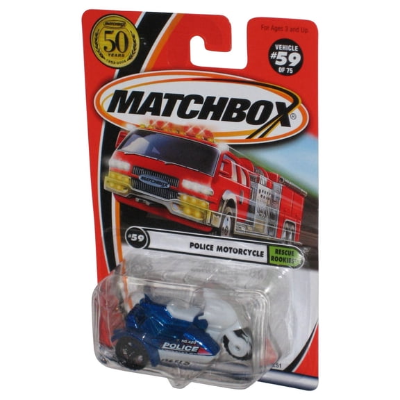 Matchbox Rescue Rookies (2001) Police Motorcycle Blue & White Toy #59/75 - (Dented Plastic)