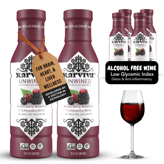 Karviva Unwined Non-Alcoholic Wine, Organic Malbec Alternative, 4-Pack, 12 fl oz, Low-Sugar, Sulfite-Free, Herbal Antioxidant Blend, Perfect for Mocktails & Cocktails