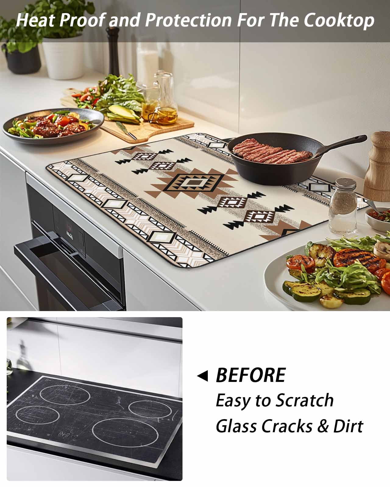 Stove Top Covers for Electric Stove, Southwest Glass Stovetop Cover Protector, Brown Bohemian Abstract American Aztec Induction Cooktop Protector Oven Mat for Kitchen Countertop 24"x21"