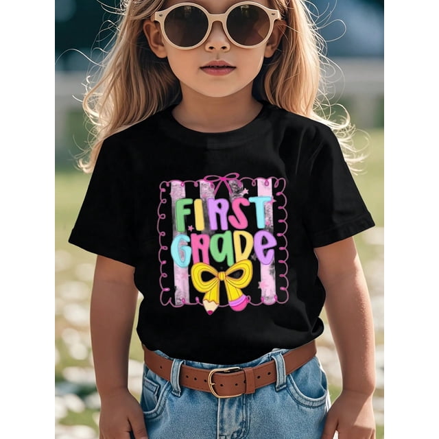 Kids Cotton T-Shirt, First Of School Top Black Short Sleeve Tee For Grade 1, Print Summer Outdoor Sports Shirts, Back To School First Grade Graphic Tee