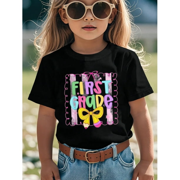 Kids Cotton T-Shirt, First Of School Top Black Short Sleeve Tee For Grade 1, Print Summer Outdoor Sports Shirts, Back To School First Grade Graphic Tee