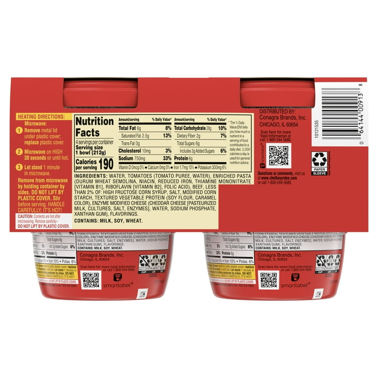 Chef Boyardee Beefaroni, Microwave Meal, 7.5 oz. Bowl 4-Count