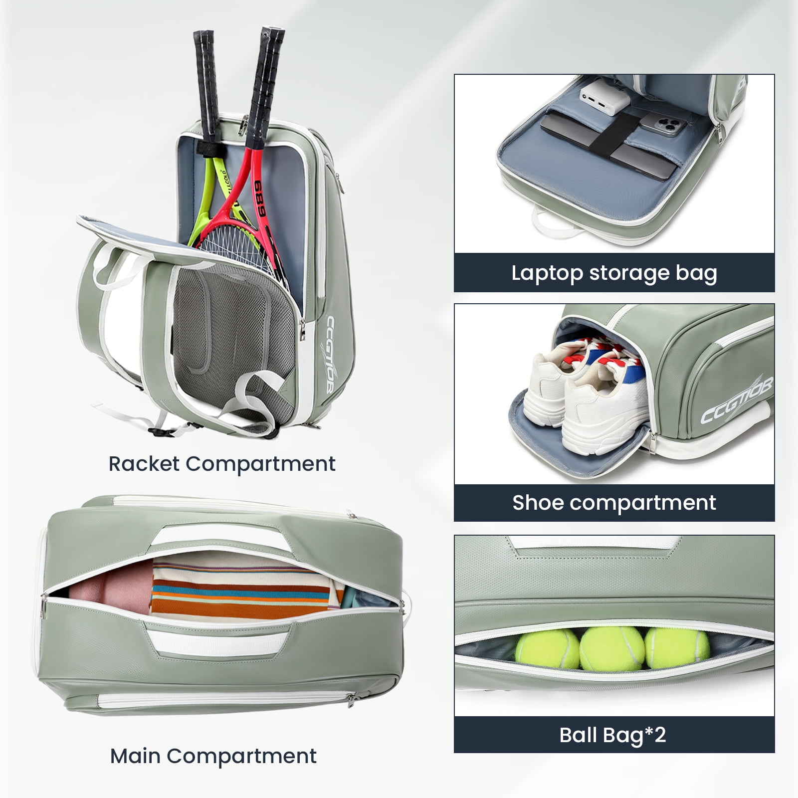 CCGTIOR Multi-Use Beach Tennis Bag For Sport Convertible Padel Backpack - Laptop Sleeve, Ball Sleeve, Fence Hook, Easy Access,Shoe Compartment (Green)