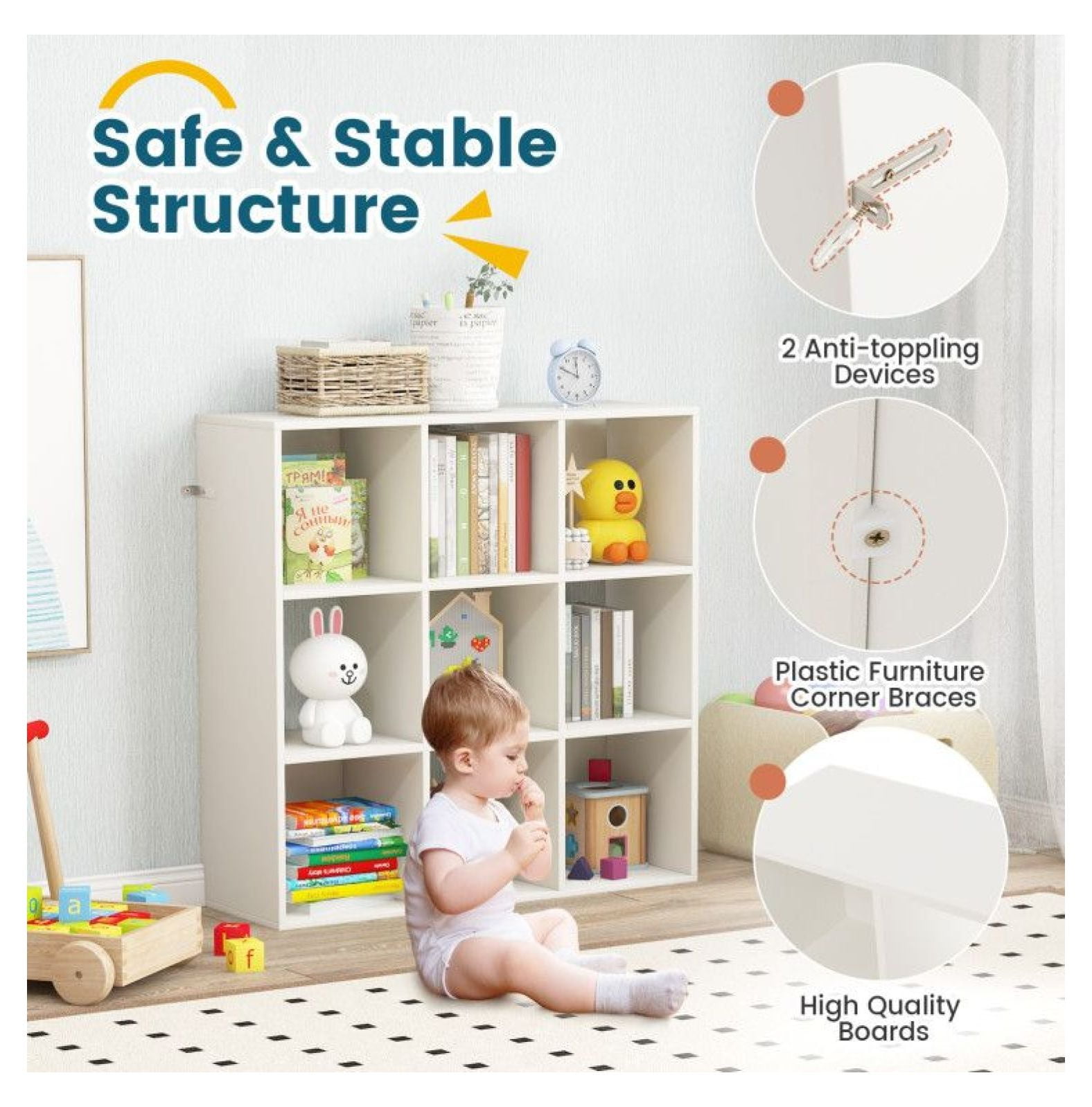 Kids Bookcase with Storage Cubbies, White 9-Cube Organizer, Anti-Toppling & Child-Friendly Design for Toys, Books, Clothes - Bedroom, Living Room, Kindergarten