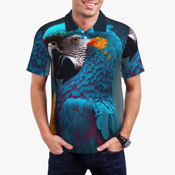 Fotbe Modern Style Blue Parrot Camiseta Polo de Golf para Hombre con Estampado – Camisa Deportiva Transpirable con Cuello Abotonado-Large