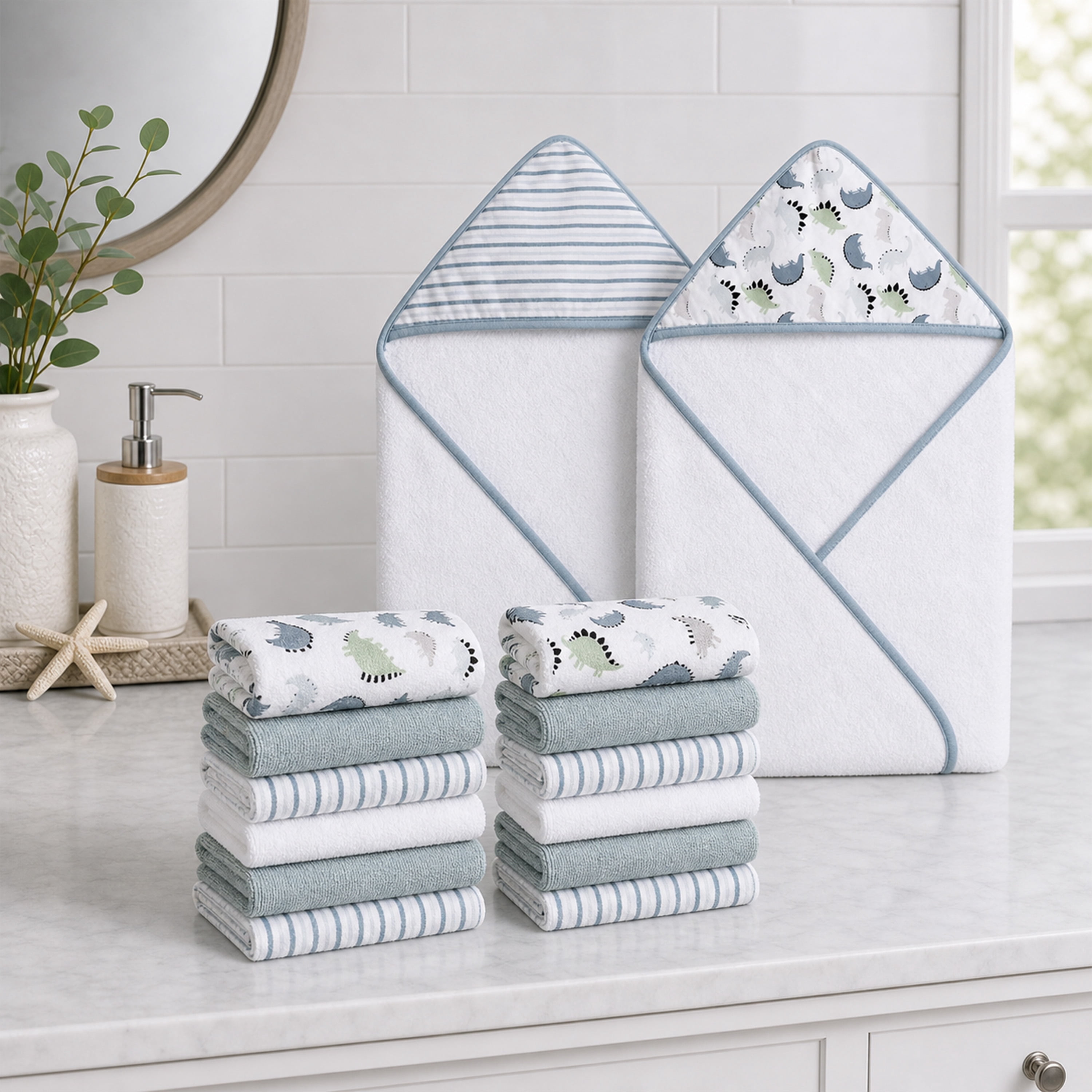 Dream On Me Baby 2 Piece Hooded Towels & 12 - Piece Washcloth Set in Blue Dino Print