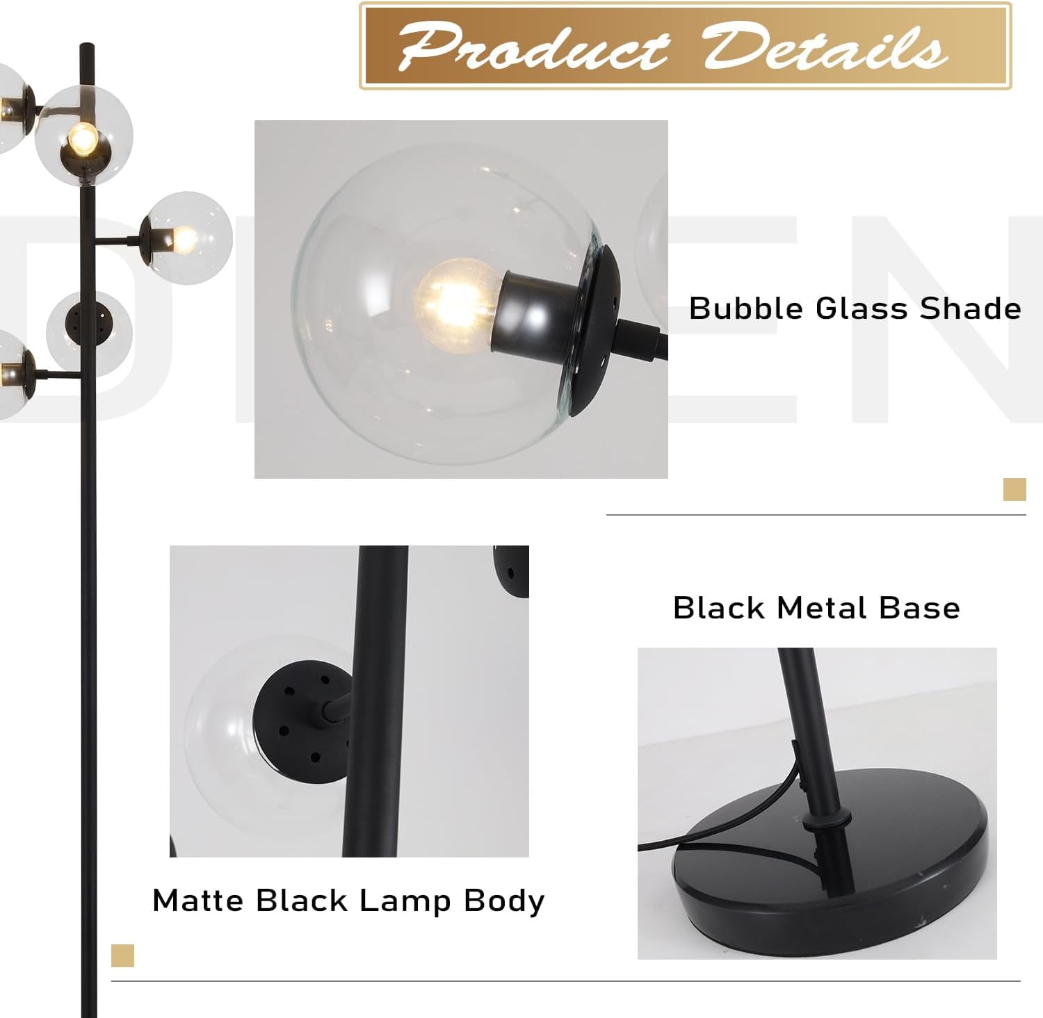 KCO Lighting 5 Light Globe Floor Lamp Black Tall Floor Lamp Mid Century Modern Standing Light Contemporary Standing Lighting