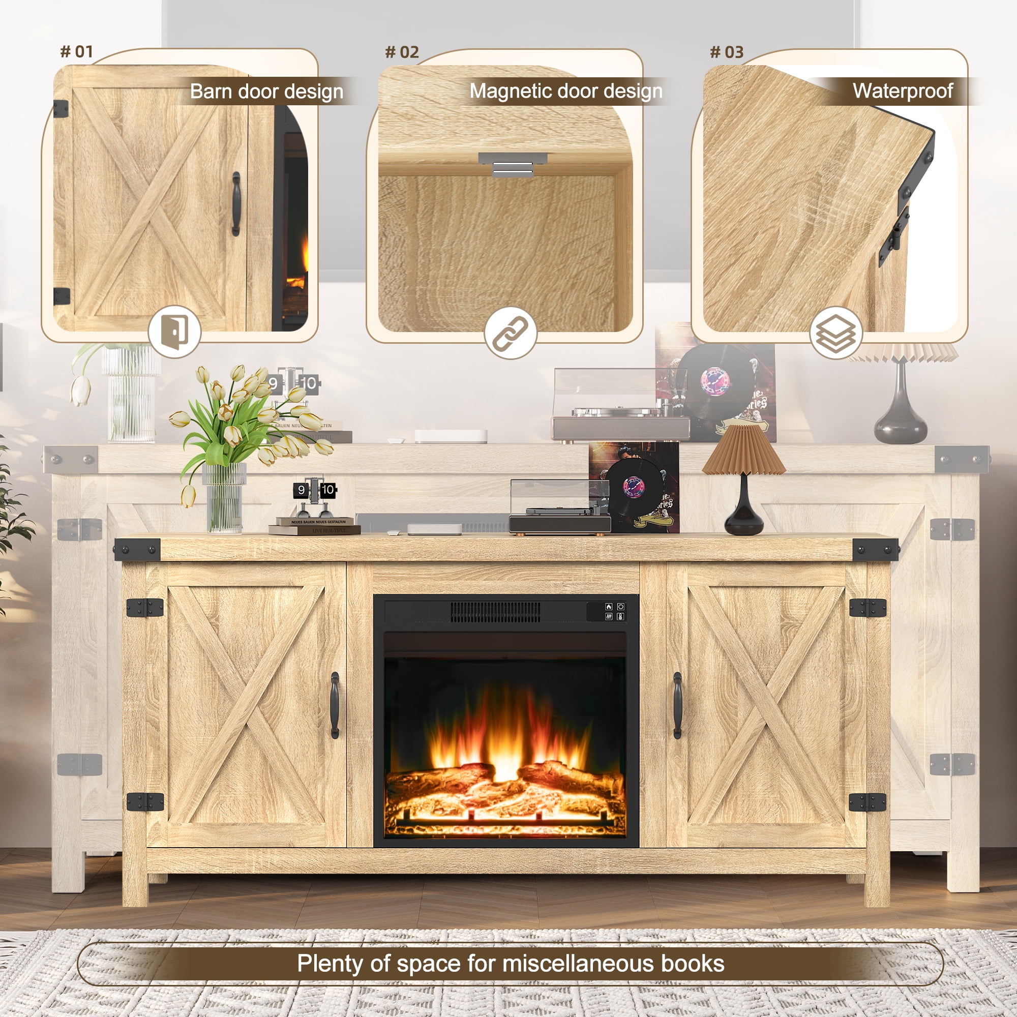 Homall Modern Farmhouse TV Stand Double Barn Door Fireplace TV Stand for TVs up to 65 inch,Oak