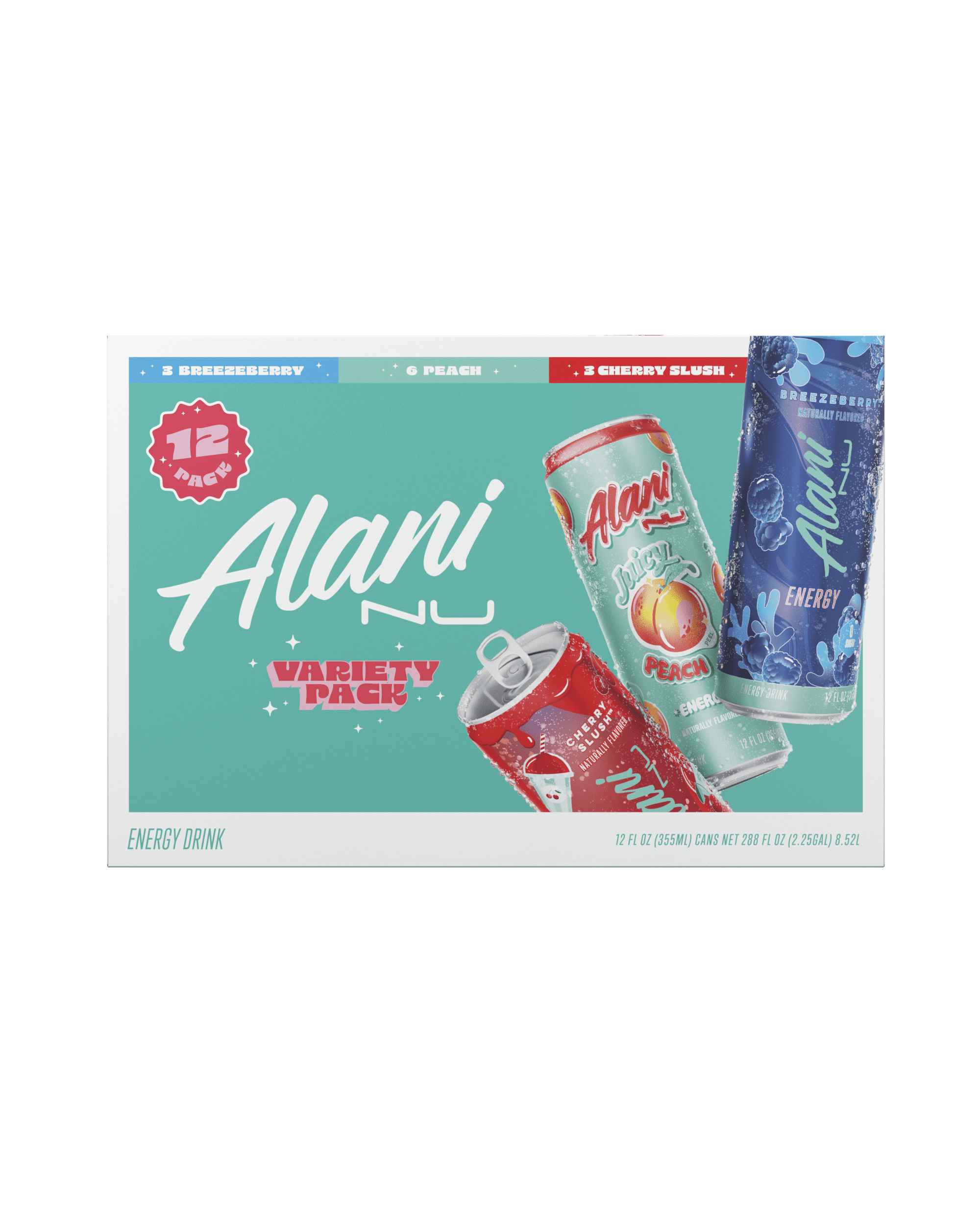 Alani Nu Sugar-Free Energy Drink, 12 Pack Variety of 12 fl oz Cans, Juicy Peach, Cherry Slush, Breezeberry (Pack of 12)