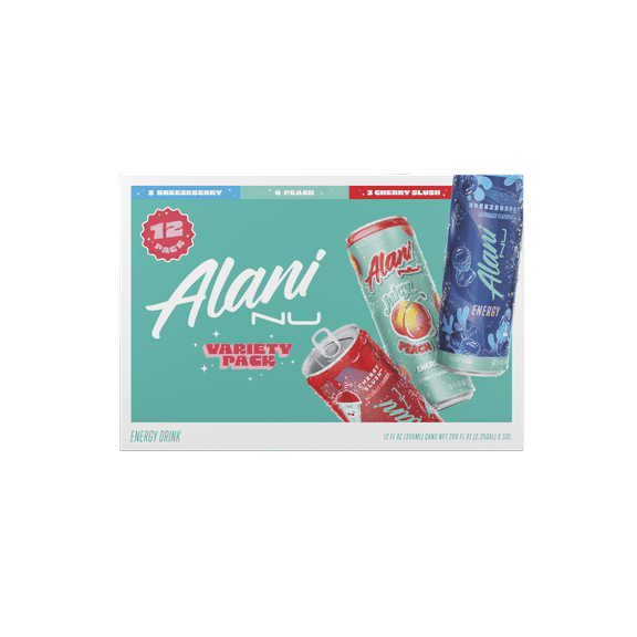 Alani Nu Sugar-Free Energy Drink, 12-Pack Variety Pack, Juicy Peach, Cherry Slush, Breezeberry, 12oz Cans 12-Pack Multi-pack (12 Cans)