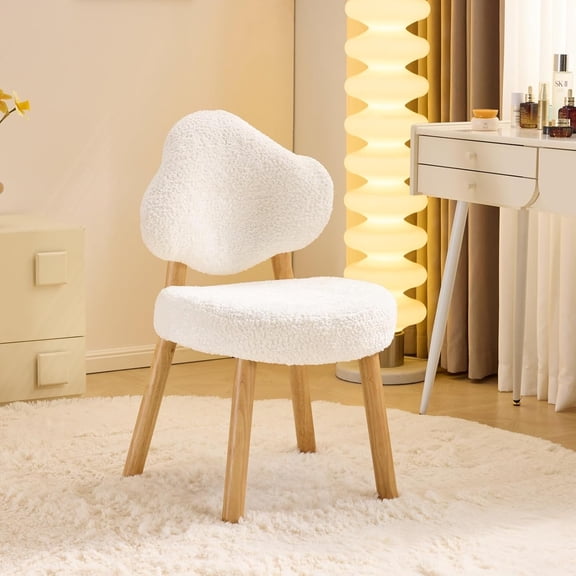 Qiyou White Cloud Back Armless Vanity Chair, Chenille Velvet Chair with Solid Wood Legs